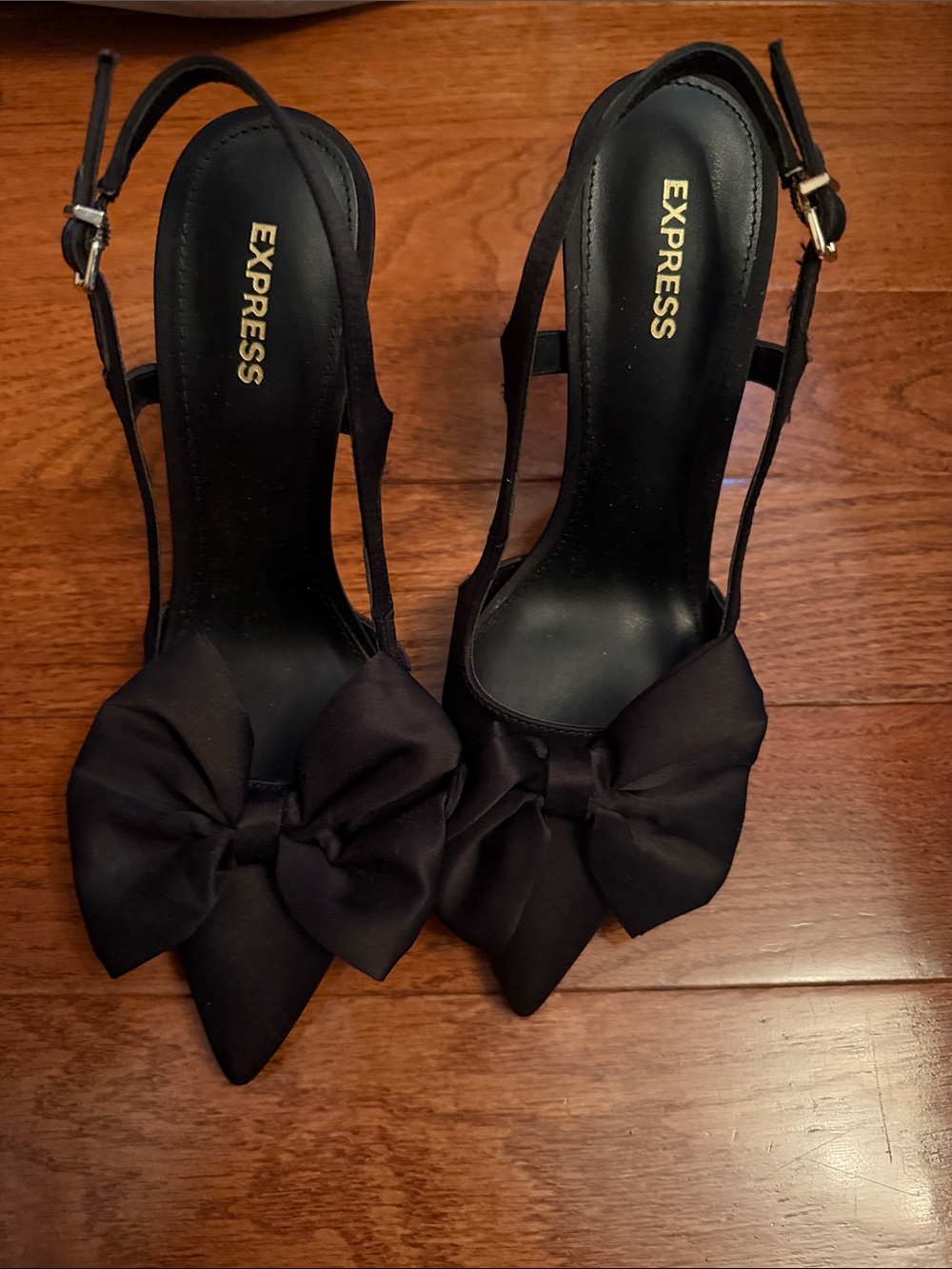 Express Black Pointed-Toe Slingback Heels with Bow